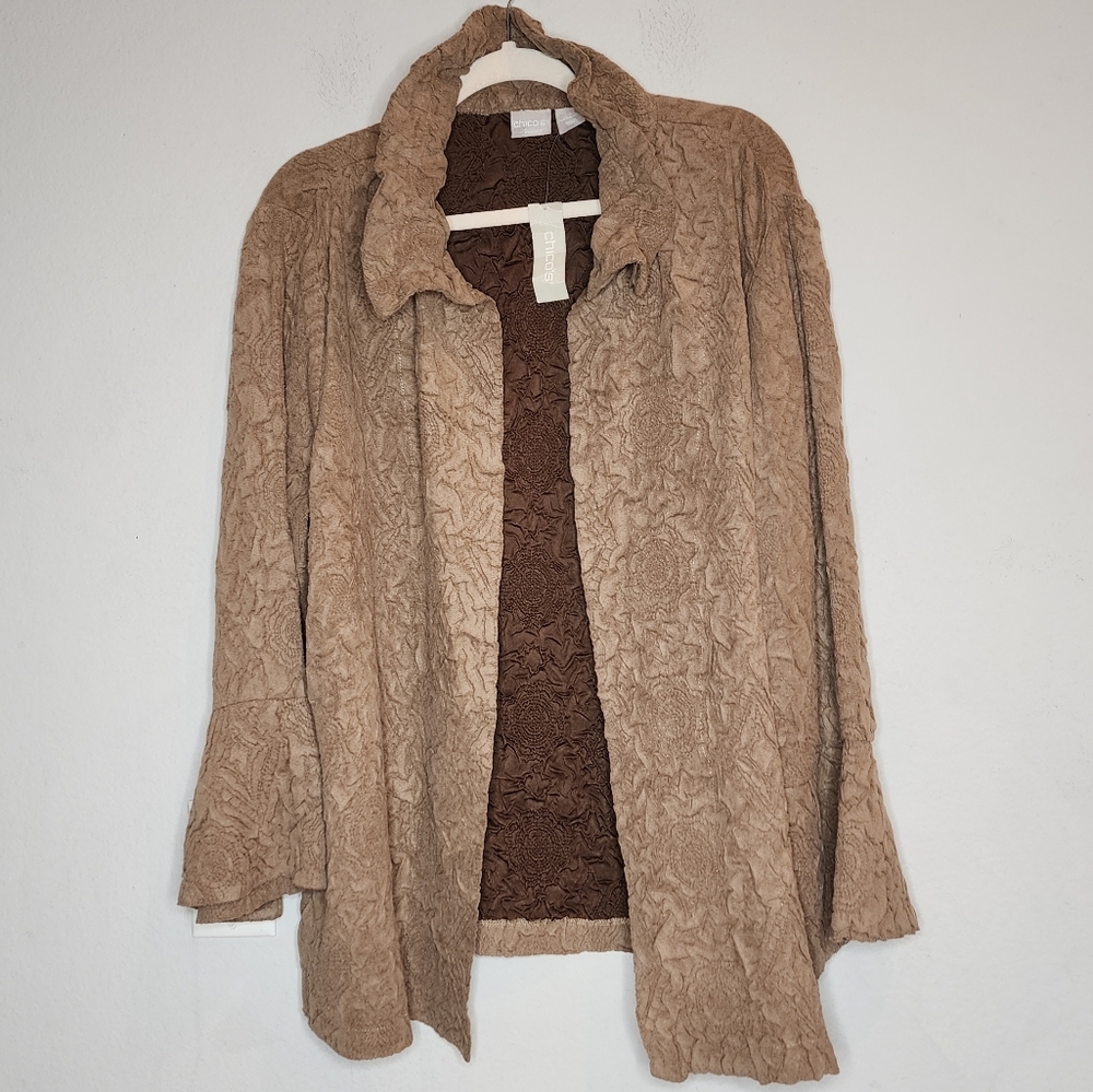 NWT Chico's Textured Tan Open Front Jacket Flare Cuff Size XL (Size 3)